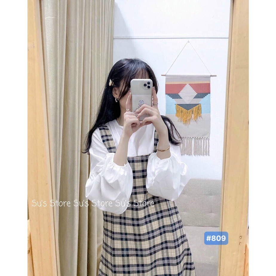 Set Yếm Kẻ Caro Áo Chun Tay Bồng Phối Yếm Dáng Rộng Unisex Thời Trang Hàn Quốc | BigBuy360 - bigbuy360.vn
