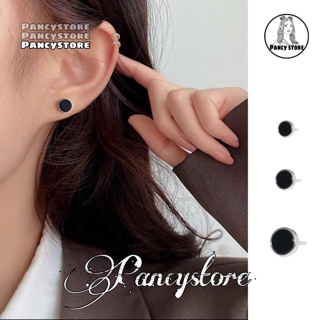 bông tai khuyên tai nam nữ kim tròn đen Unisex