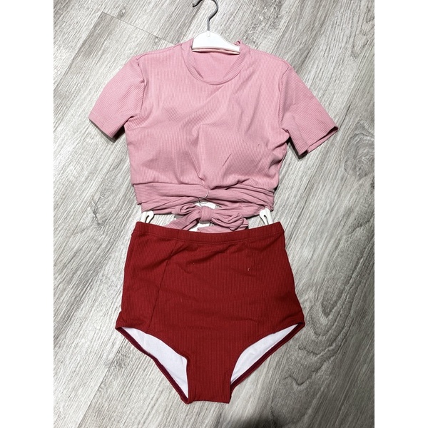 Bộ bikini , bộ đồ bơi nữ hai mảnh ngắn tay eo nơ và quần lưng cao màu hồng