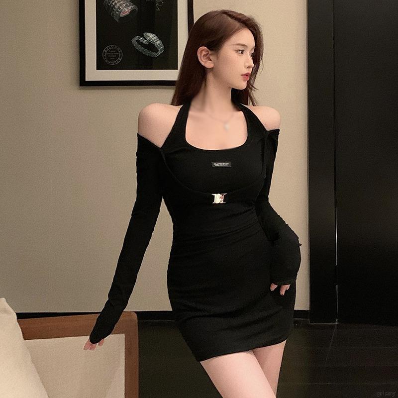 Đầm ôm dáng tay dài thiết kế khoét vai phong cách Hàn gợi cảm dành cho nữ