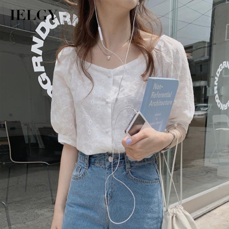 Áo sơ mi IELGY cổ chữ v thêu họa tiết rỗng phong cách Pháp cổ điển dành cho nữ