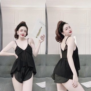 Đồ ngủ nữ sexy, Bộ Chiffon phối Satin cao cấp mềm mại quyến rũ DN9043
