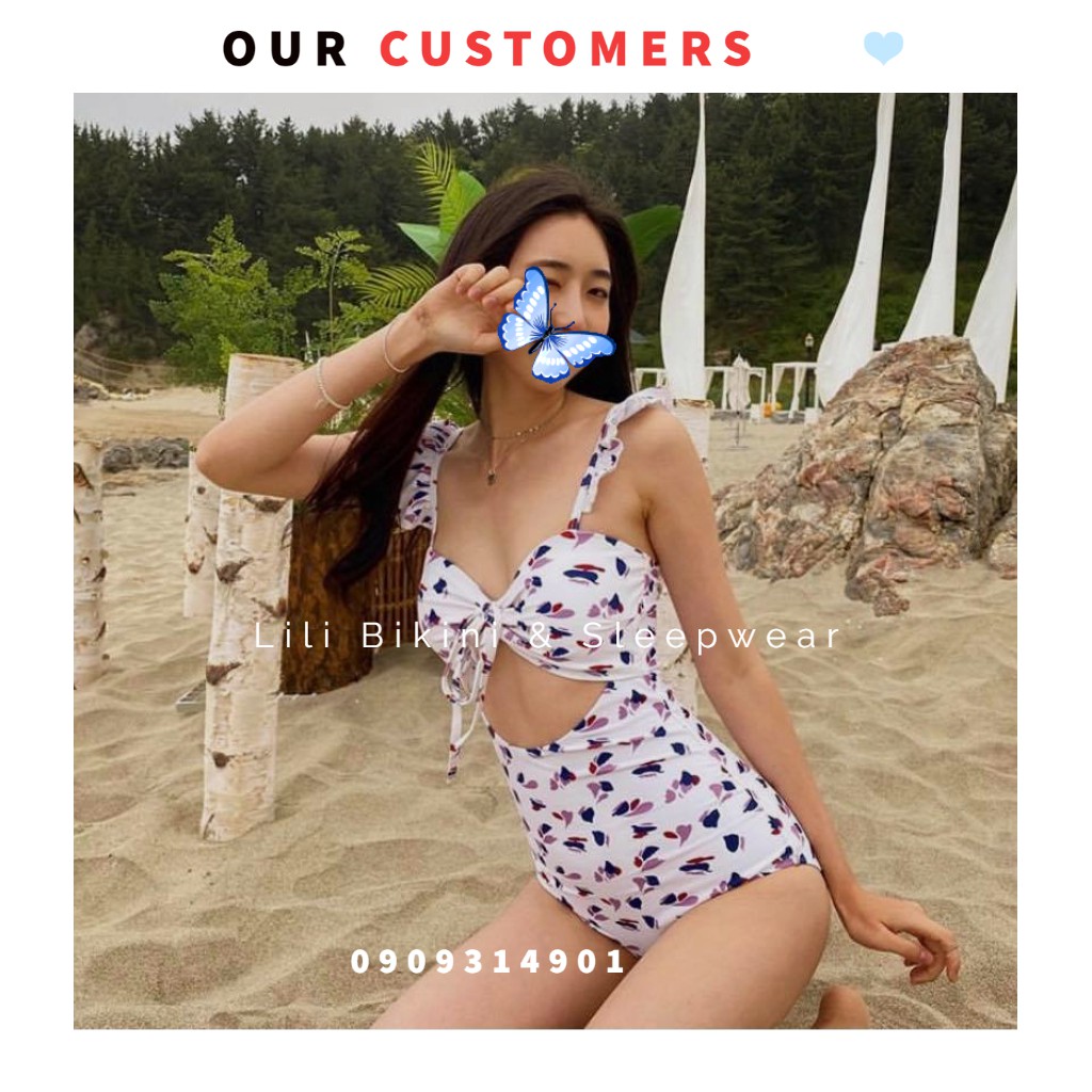 Bikini một mảnh bèo nhún ngực tay con xinh xắn họa tiết hoa nhí Hàn Quốc mẫu mới