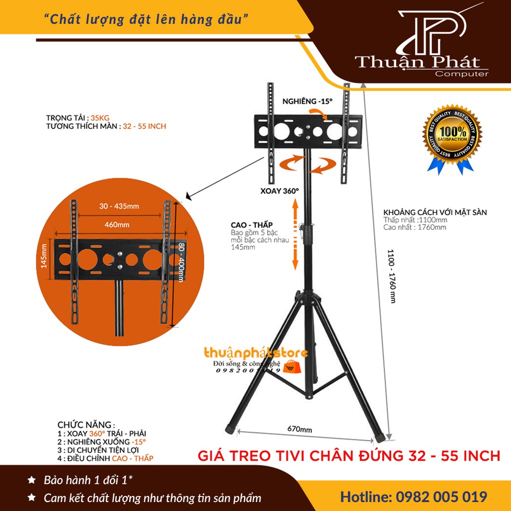 Giá Treo Màn Hình 3 Chân Đứng 32 - 55 INCH - Tải Trọng 35 KG- Tùy Chỉnh Đa Năng - Chỉnh Góc Nghiêng Màn 15 Độ