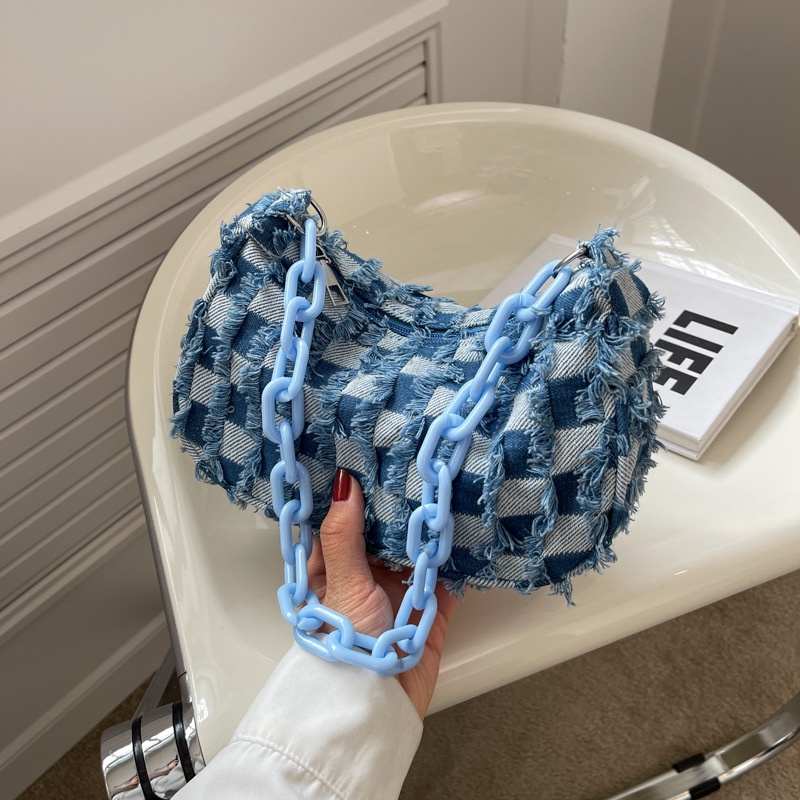 Túi IELGY đeo vai vải denim họa tiết kẻ sọc thời trang cho nữ