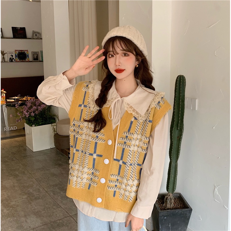 Áo Dệt Kim Cổ Chữ V Họa Tiết Sọc Caro Phong Cách Cổ Điển Thời Trang Thu Đông Hàng Mới