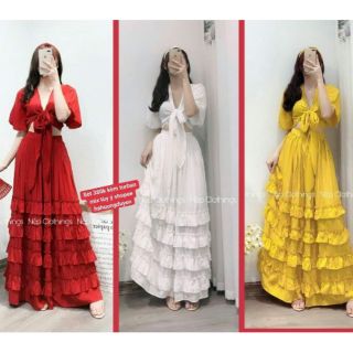 Sét áo váy maixi boho tay loe chân váy tầng đi biển mix tùy ý