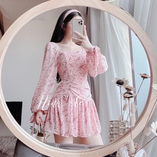 Đầm hoa đuôi cá rút dây tay dài