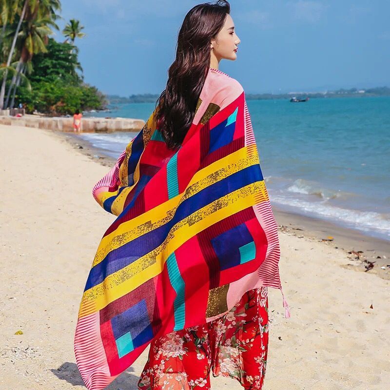 [Trang Sức Đẹp] Khăn Choàng Tua Rua Vải Cotton Lanh Chống Nắng Chống Nắng Đi Biển Thời Trang Đi Biển Mùa Hè Cho Nữ