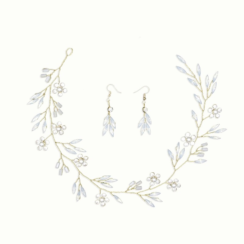 Bộ vòng đội đầu và khuyên tai hình hoa lá đính ngọc trai nhân tạo