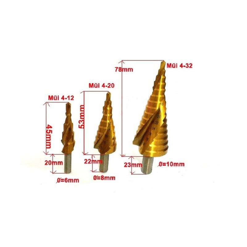 Mũi khoan tháp rãnh xoắn NUR chất liệu titanium các cỡ từ 4-12, 4-20, 4-32mm chuyên dụng khoan sắt , tôn