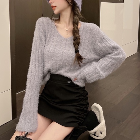 【Hana and Alice】Áo Len Tay Dài Cổ Chữ V Form Rộng Dễ Phối Đồ