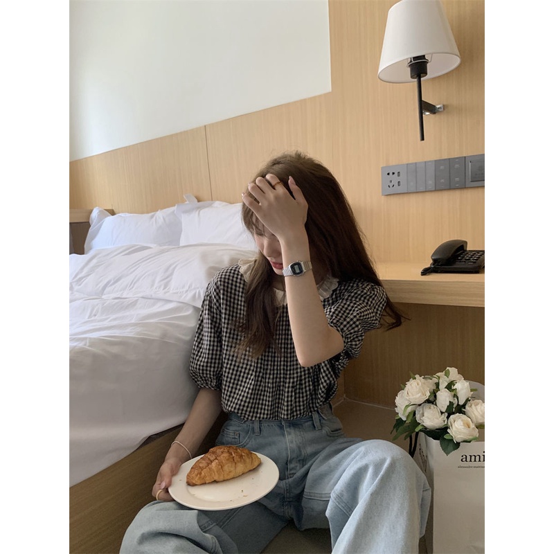 Áo Sơ Mi Tay Ngắn Dáng Rộng Họa Tiết Sọc Caro Thời Trang Cho Nữ