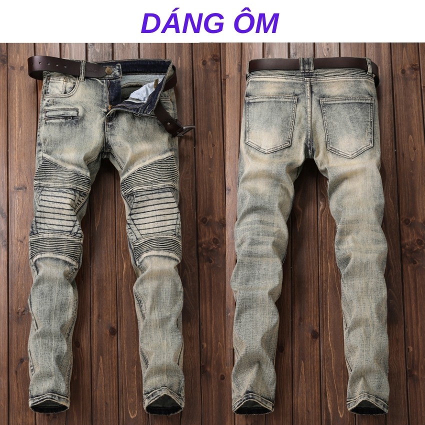 Quần jean nam cao cấp ống ôm LEVAMEN chất liệu vải bò jeans co giãn nhẹ Motorbike nhăn gối QJ003 | BigBuy360 - bigbuy360.vn