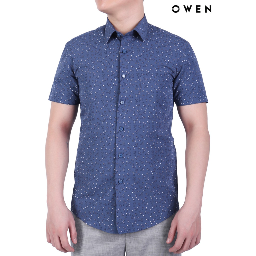 Áo sơ mi ngắn tay nam Owen Slimfit có túi màu xanh cổ vịt in hoa - AS20686NT