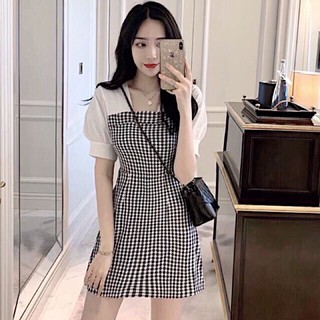 Đầm váy caro phối tay trắng (kèm hình thật)