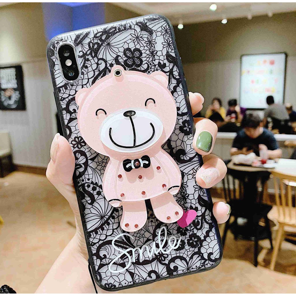 YSW OPPO R9S R15 R17 Reno 2 F3 Plus R11 R11S Plus Cartoon Bear Kitty Cute Black Design with Mirror Cute Phone Cases