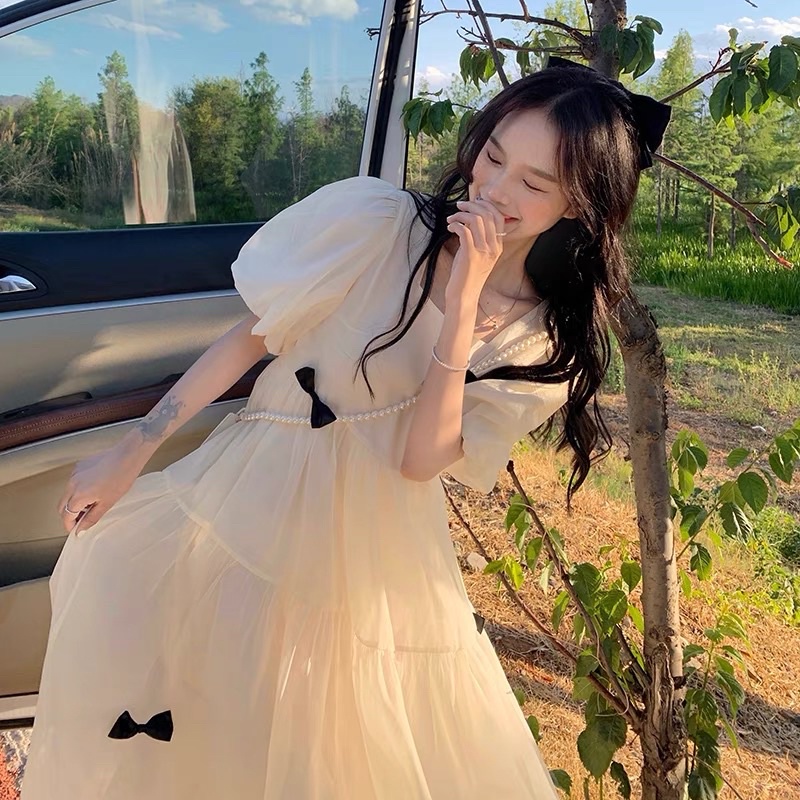 Đầm Babydoll Maxi Đính Nơ Ngắn Tay Dễ Thương