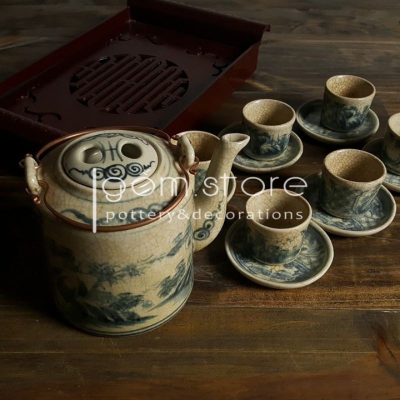 Bộ ấm tích Bát Tràng men giả cổ chén tống vẽ sơn thủy