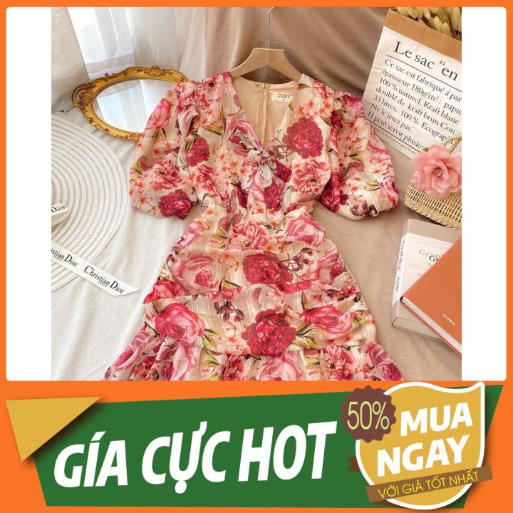 Đầm hoa 🌸THIẾT KẾ🌸 đỏ cổ cột nơ,tay phồng, siêu xinh, siêu hot, có thể mặc đi chơi, đi ăn, đi xem phim, đi du lịch...