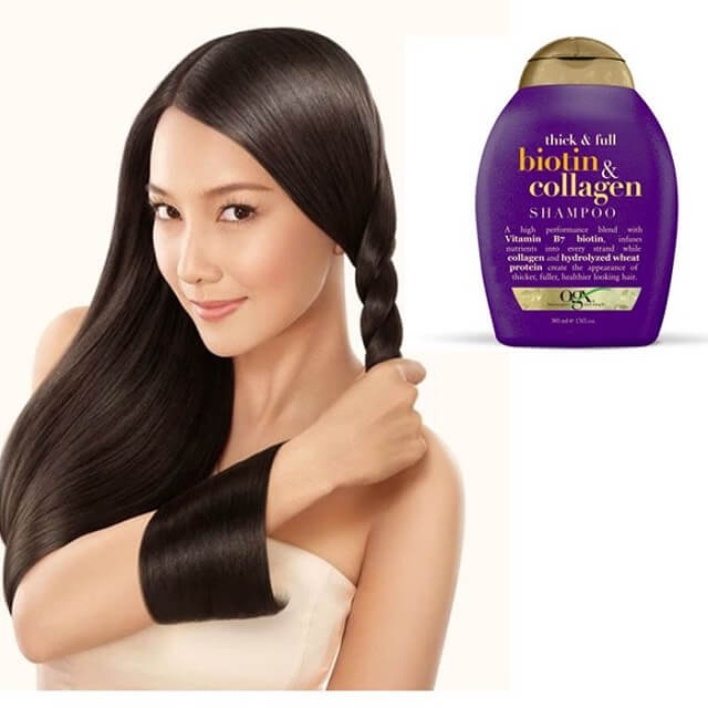 Dầu Gội Dưỡng Dày Tóc OGX Thick &amp; Full + Biotin Tím &amp; Collagen Shampoo 385ml
