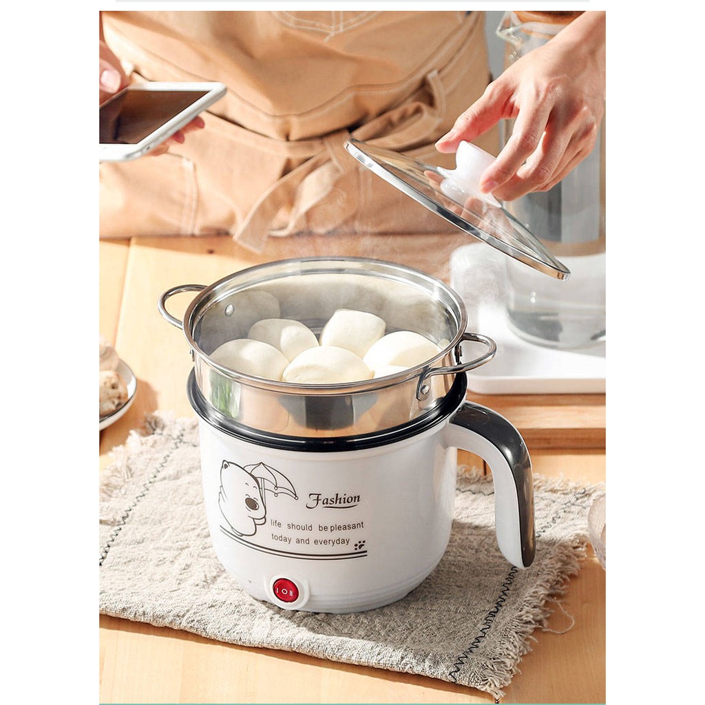 Ca Nấu Mì, Nấu Cơm Đa Năng Kèm Giá Hấp - Nồi Lẩu Điện Mini Cooking Pot 18CM GIÁ HẤP INOX