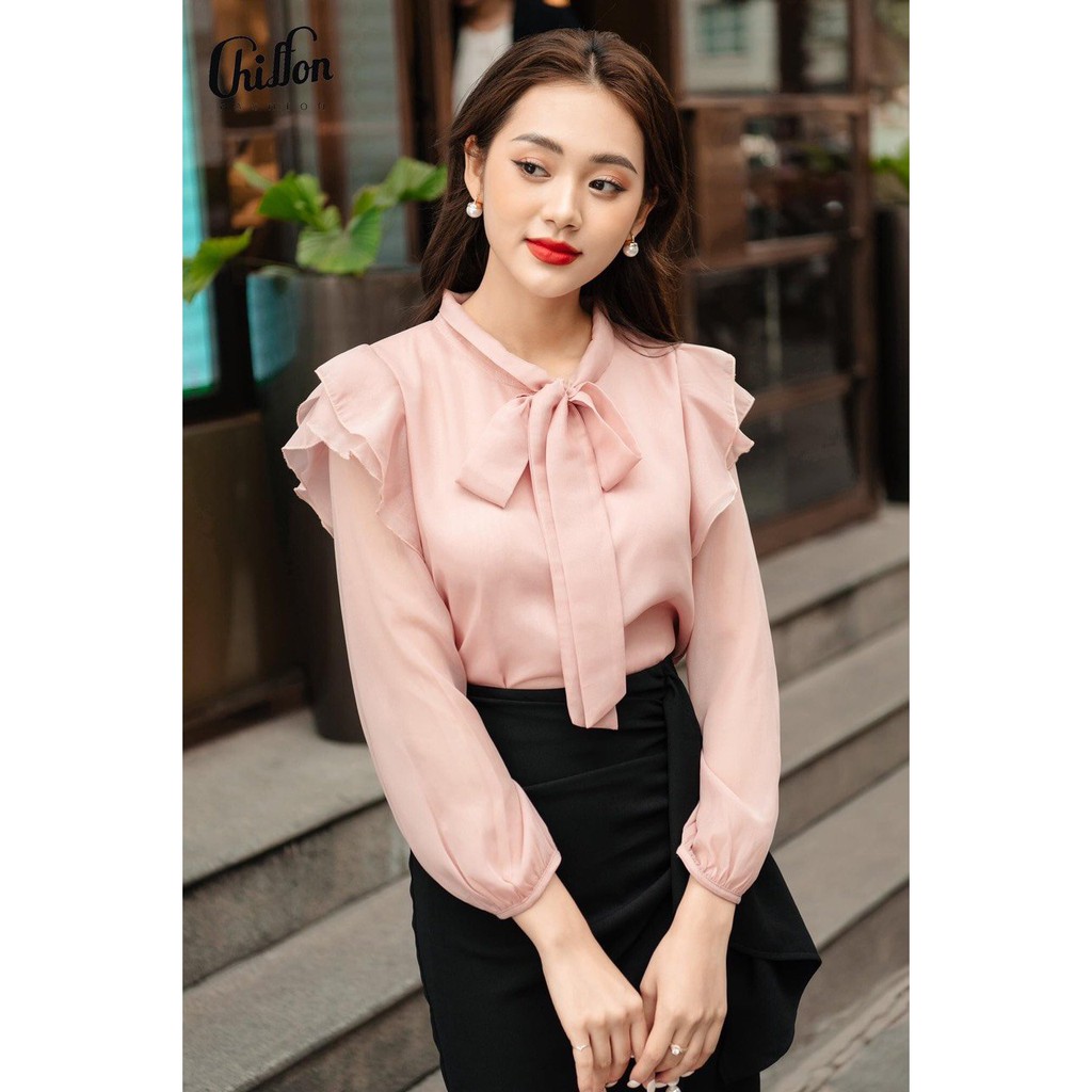 Áo sơ mi bèo vai cổ nơ dài tay chất tơ óng- áo sơ mi công sở nữ 087