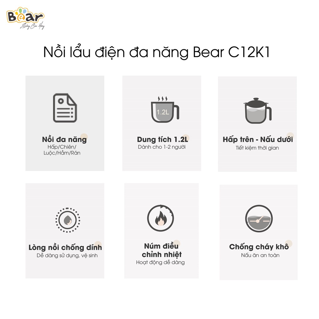 Nồi Lẩu Mini Bear Đa Năng Ca Nấu Mì, Hấp, Luộc, Xào 2 Tầng Phù Hợp Một Người, Sinh Viên - C12K1