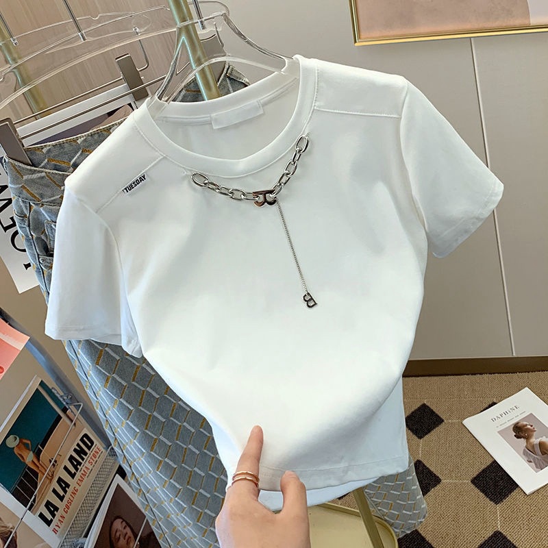 Hàng hóa Châu Âu công nghiệp nặng chuỗi chữ cái áo thun cotton của phụ nữ 2022 mùa hè mới tinh khiết phong cách mong muố