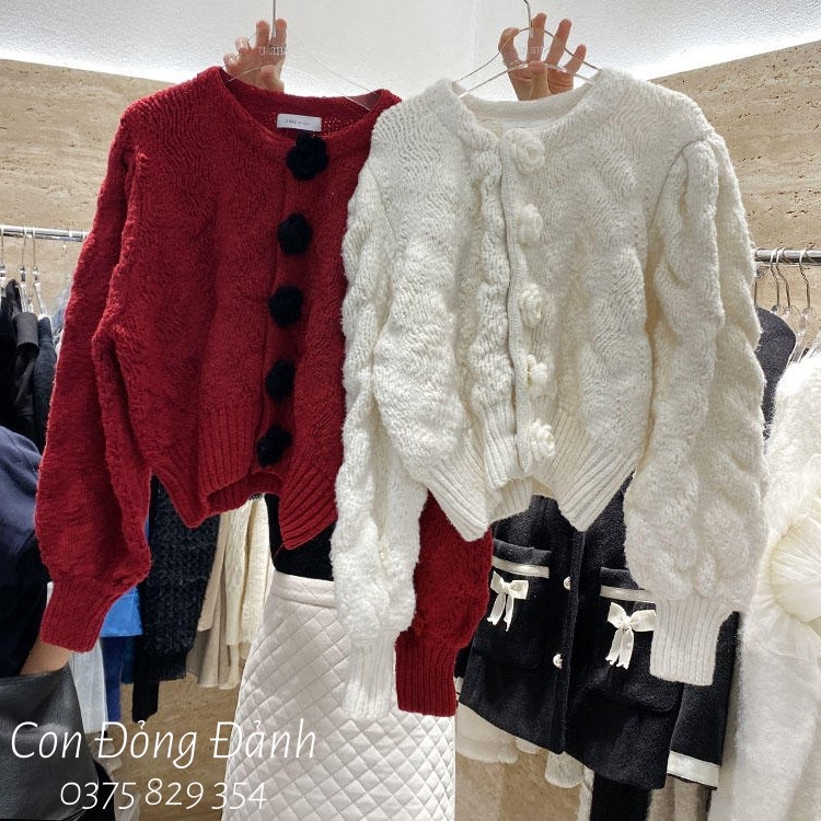 [ORDER] Áo len cúc hoa cổ tròn tay bồng nhẹ xinh Hàn Quốc móc thủ công sợi thưa Quảng Châu AO020 | BigBuy360 - bigbuy360.vn