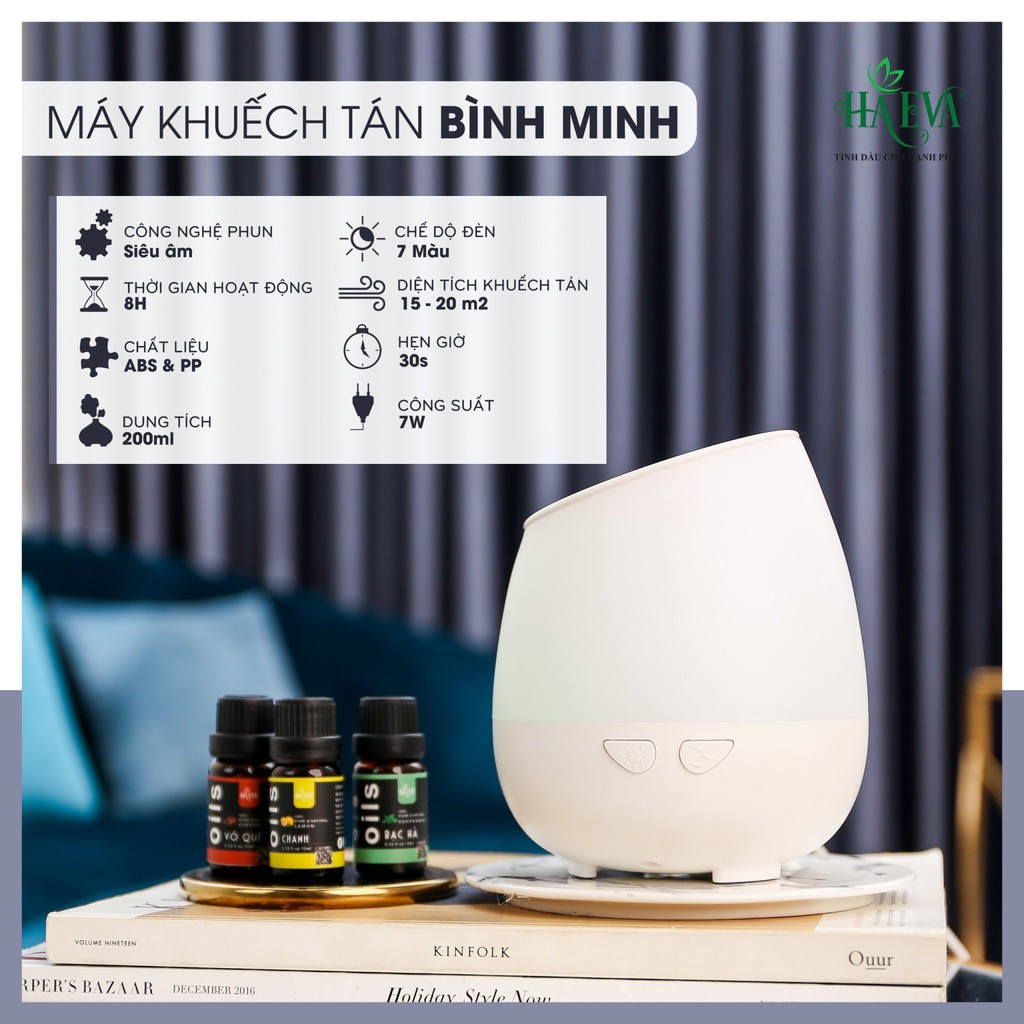 [FREESHIP & TẶNG TINH DẦU] Máy xông tinh dầu phòng ngủ Bình Minh HAEVA| Phun sương siêu mịn| Dung tích 300ml BH 12 tháng