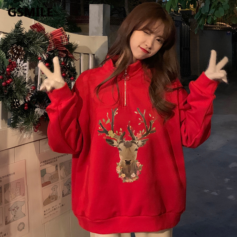 Áo Sweater Tay Dài Dáng Rộng Cổ Khóa Kéo Phong Cách Hàn Quốc Thời Trang Giáng Sinh 3 Kiểu Lựa Chọn