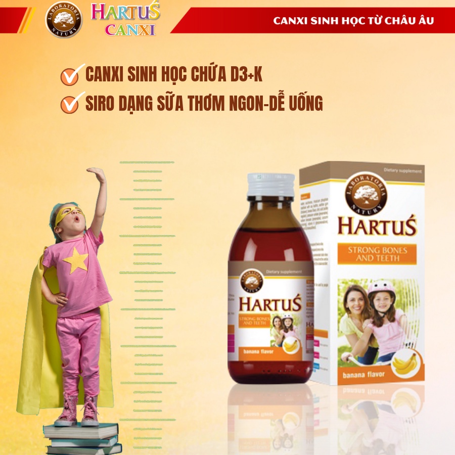 Siro Canxi Hartus 150ml - Bổ sung vitamin D3, vitamin K, Canxi cho bé tăng chiều cao, chắc khỏe xương