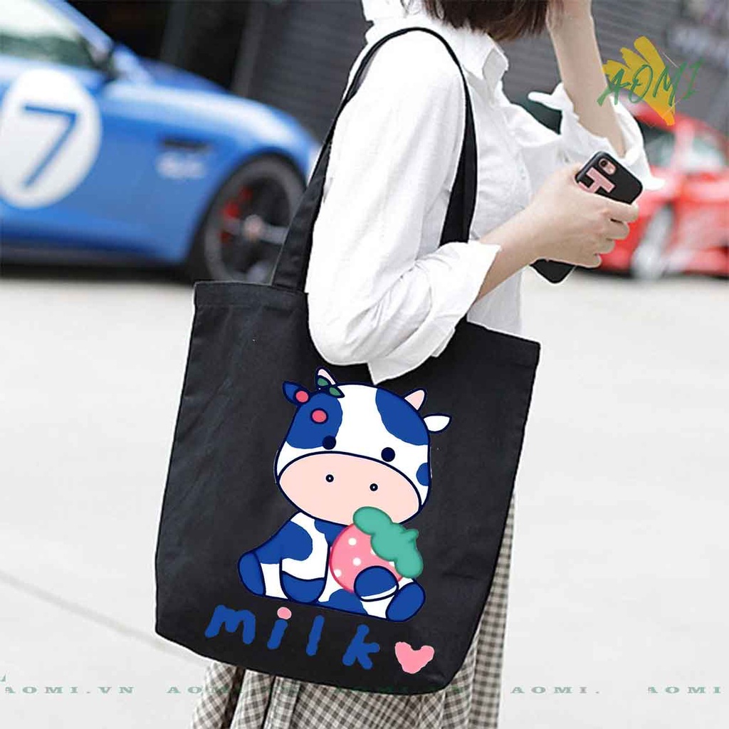 TOTE CANVAS MILK COW BO SỮA TÚI VẢI ĐEO VAI BAG CÓ KHÓA KÉO SIZE LỚN 33x38cm AOMIVN DU LỊCH MÀU ĐEN TRẮNG