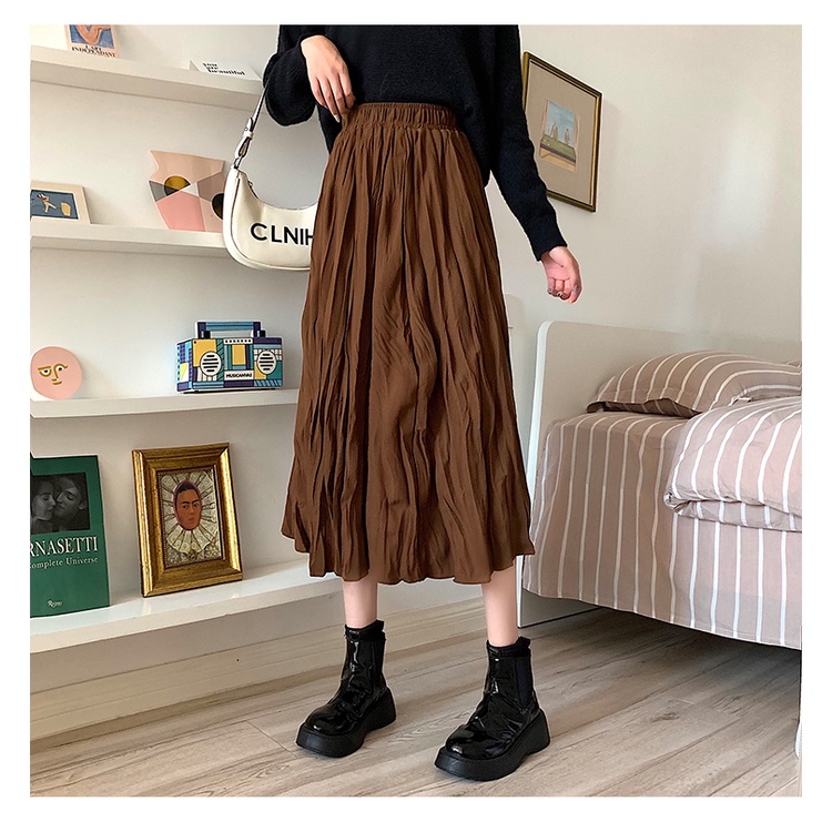 Chân váy midi SUXI lưng cao xếp ly thời trang mùa thu phong cách Hàn Quốc dành cho nữ