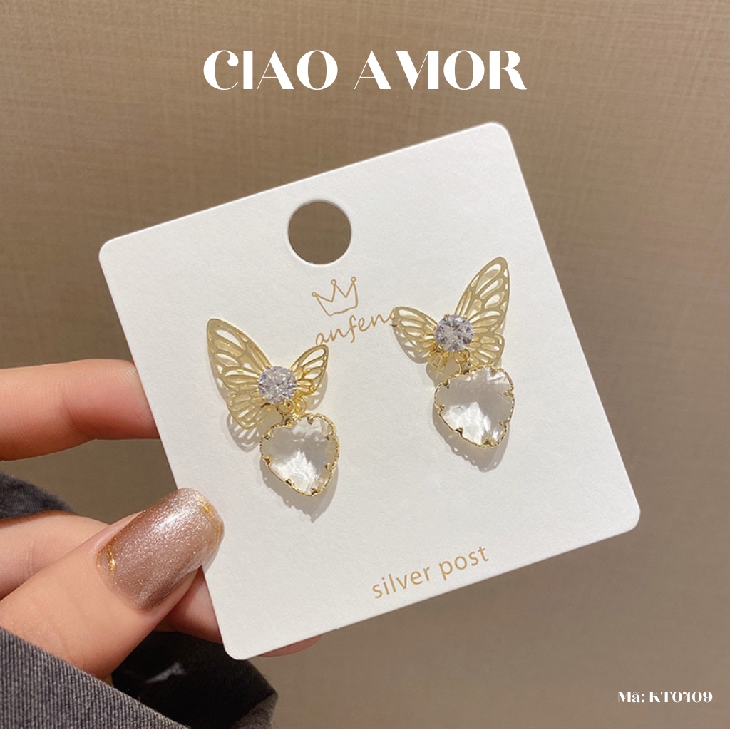 KT0409-Khuyên tai nữ, Bông tai bạc 925 cánh nữ điệu đá trái tim tiểu thư sang trọng Trang sức Ciao Amor