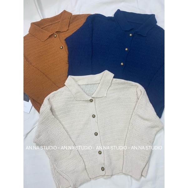 Áo len khuy đồng dài tay dáng rộng cổ polo