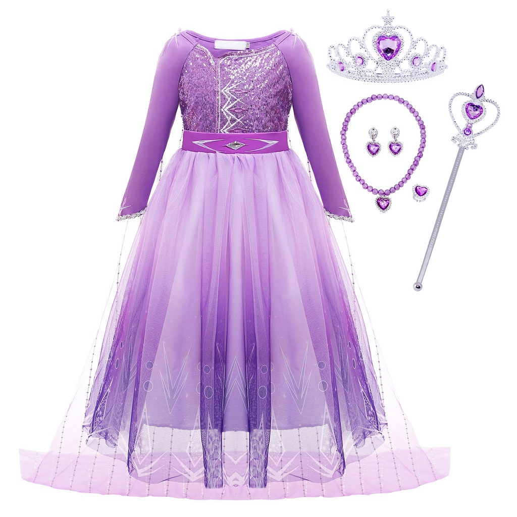 DISNEY Đầm Công Chúa Elsa Tay Dài Màu Tím Xinh Xắn Cho Bé Gái