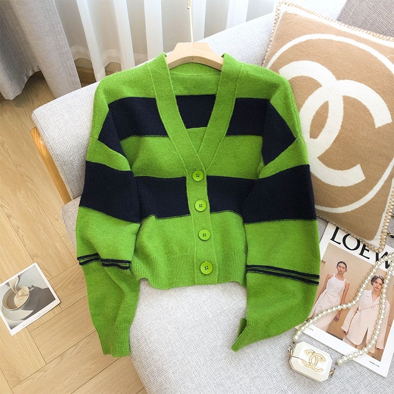 Áo Khoác Cardigan Dệt Kim Tay Dài Dáng Rộng Cổ V Kẻ Sọc Kiểu Retro Thời Trang Mùa Thu Cho Nữ
