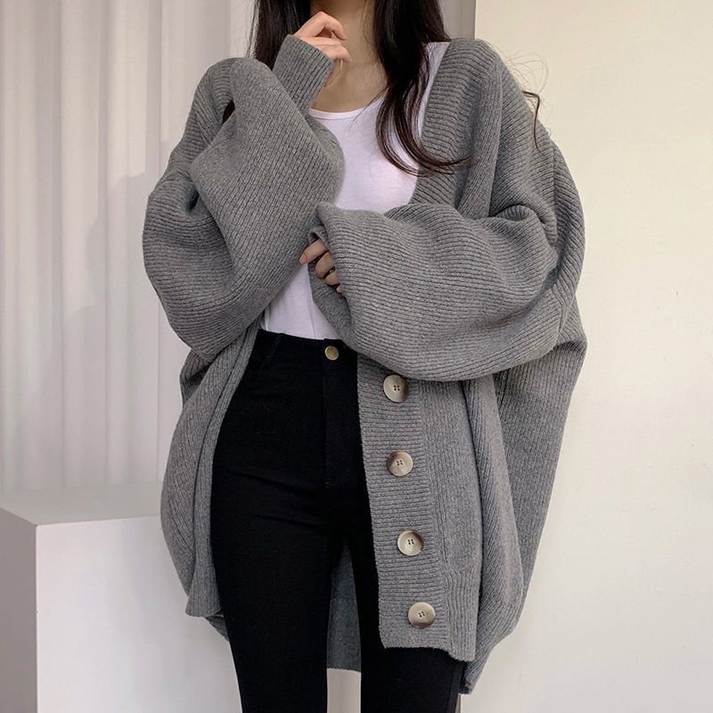 Áo Khoác Len Cardigan Suông Nữ Màu Xám Ghi Be Cổ Chữ V Dáng Rộng Tay Dài Mềm Mại Thời Trang Mùa Đông Hàn Quốc