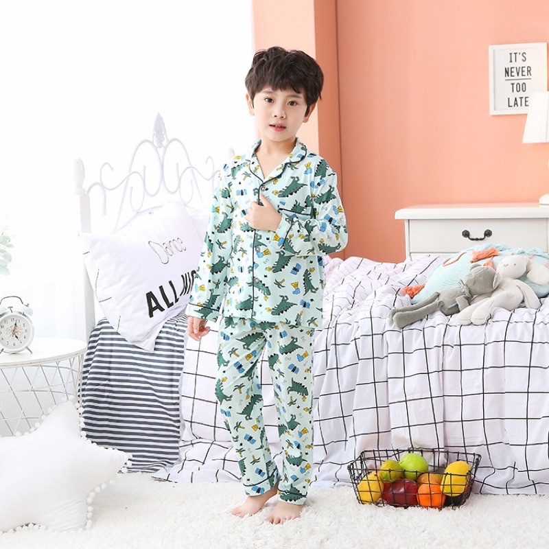 Pijama bé trai dài tay cotton co giãn quần áo em bé có cúc khủng long ô tô bộ ngủ mặc nhà