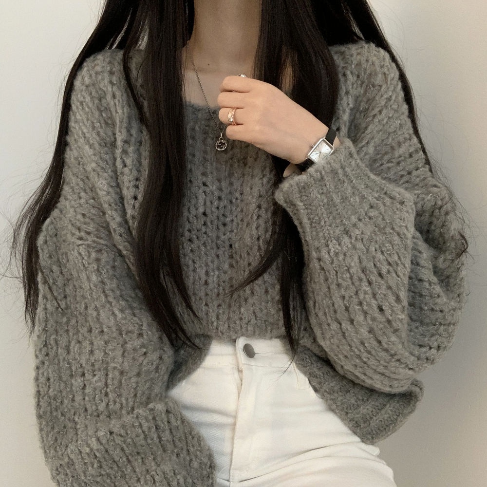 Áo sweater dệt kim tay phồng dáng rộng màu sắc ngọt ngào phong cách Hàn Quốc xinh xắn cho nữ