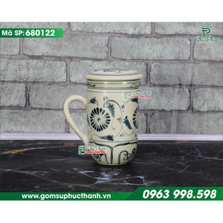 Ly cốc sứ uống trà có nắp men rạn cổ Bát Tràng vẽ Cúc dây