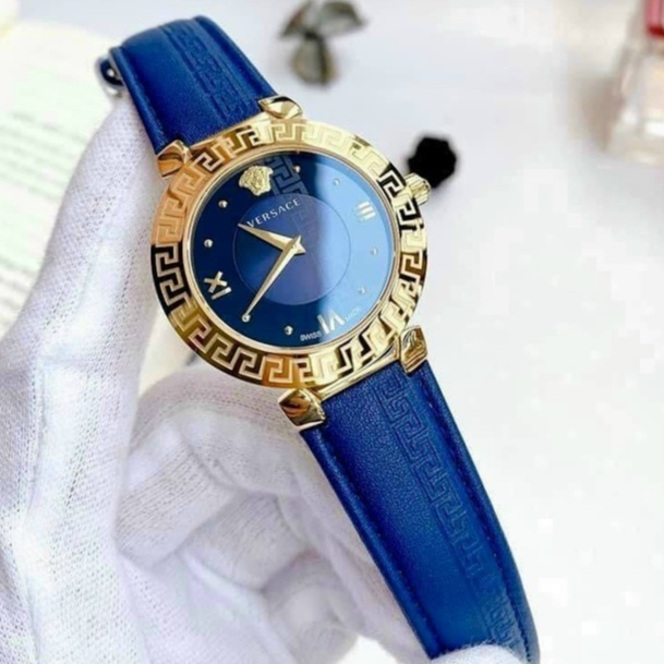 Đồng hồ đeo tay nữ, đồng hồ nữ chính hãng VERSACE full hộp cao cấp, siêu sang trọng, dây da xanh thời trang, cực đẹp