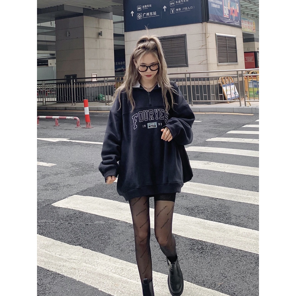Áo sweater tay bồng khóa cổ FOURYES dáng rộng unisex/ Áo nỉ thu đông in họa tiết chữ trẻ trung năng động_Nano Ulzzang