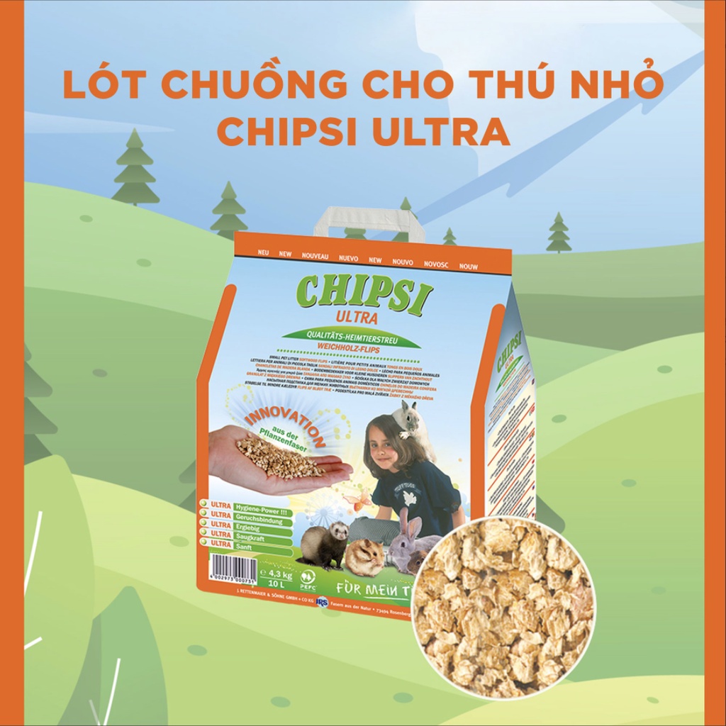 Cát gỗ vệ sinh hữu cơ cho thú nhỏ Chipsi Ultra | 9kg  | Thấm hút chất lỏng và mùi hôi | Không bụi