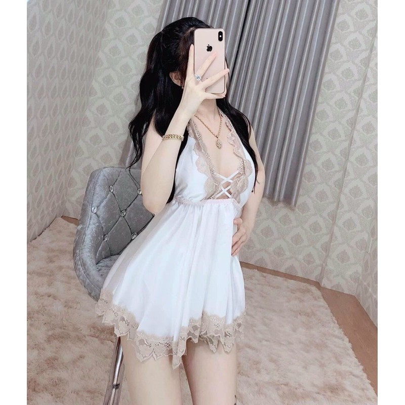 Đồ ngủ sexy đan dây ngực phối ren gợi cảm Hoàng Tình Store lụa satin cao cấp mềm mại kèm quần đùi thoáng mát Freesize