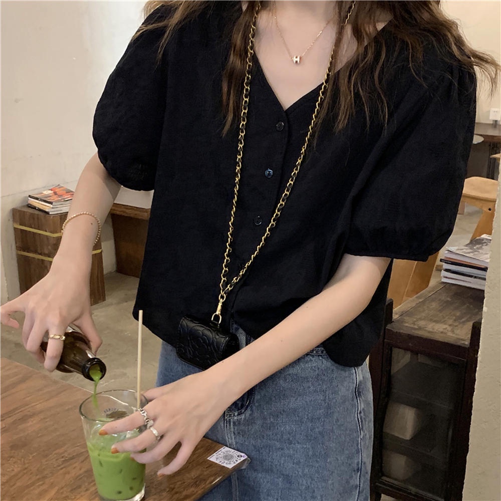 Áo Sơ Mi Jacquard Tay Ngắn Cổ Chữ V Dáng Rộng Phong Cách Mới 50635