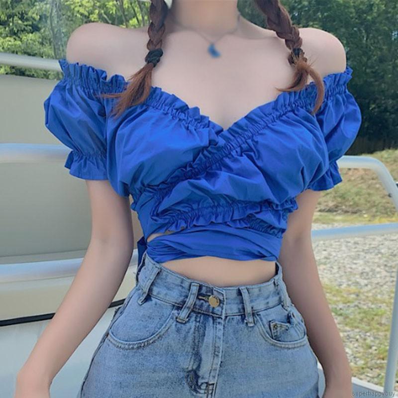 Áo Crop Top Tay Ngắn Cổ Chữ V Màu Trơn Gợi Cảm Sành Điệu Cho Nữ