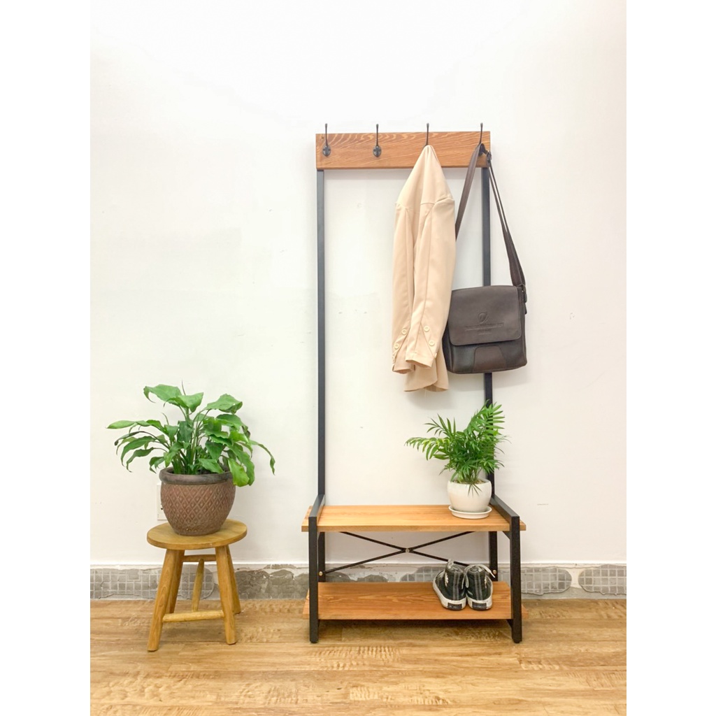 Kệ giày dép tích hợp giá treo đồ đa năng, gỗ tự nhiên vintage